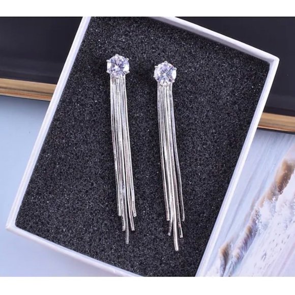 14k Gold 2ct. c.t. Lab Diamonds Long Chain Earrings Sterling Silver - Picture 4 of 11